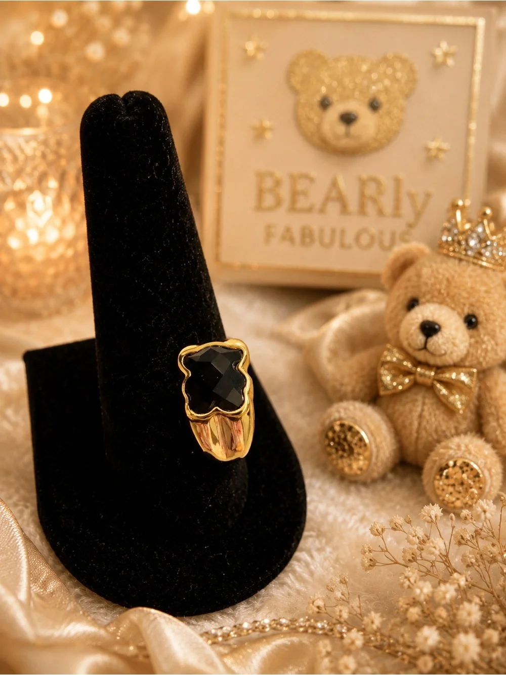 Gold Tone Black Bear Statement Ring - Size 8